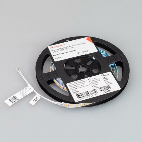 Светодиодная лента 9,6W/m 128LED/m COB теплый белый 5M COB-X128-8mm 24V Warm3000 Arlight - 036838