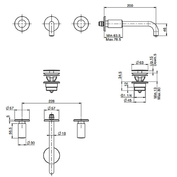 Смеситель для раковины настенного монтажа, на 3 отв, излив 200 мм, донный клапан click-clack, F3191L/5NS Carlo Frattini So цвет: Черный