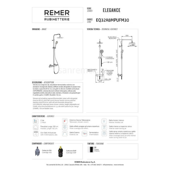 Душевая стойка в комплекте с термостатом для душа REMER Elegance EQ32A8MPUFM30, цвет: хром