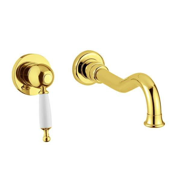 Смеситель для раковины моноком. скрытого монтажа настенный, на 2 отв., ручка белая, Migliore Oxford, золото арт. 19171