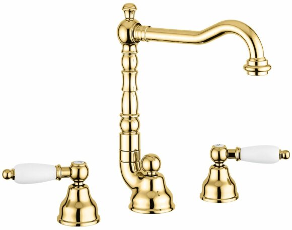 Смеситель с донным клапаном для раковины на 3 отверстия, Emmevi Deco Ceramic, 121643/OR цвет: золото
