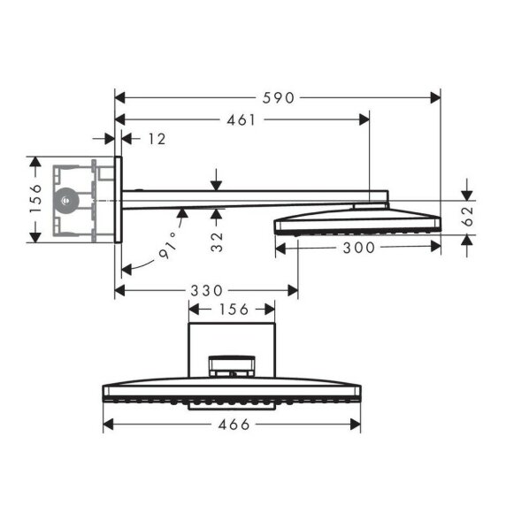 Hansgrohe верхний душ с настенным кронштейном скрытого монтажа, Rainmaker Select, матовый хром арт. 24015400