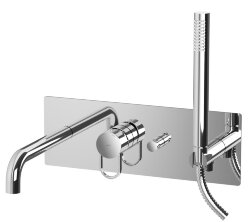 Paffoni Встраиваемый смеситель для ванны и душа (2 выхода) с накладкой из нержавеющей стали 350x120мм и ручным душем, встраиваемая часть в комплекте арт. JK001CR Paffoni Встраиваемый смеситель для ванны и душа (2 выхода) с накладкой из нержавеющей стали 350x120мм и ручным душем, встраиваемая часть в комплекте арт. JK001CR