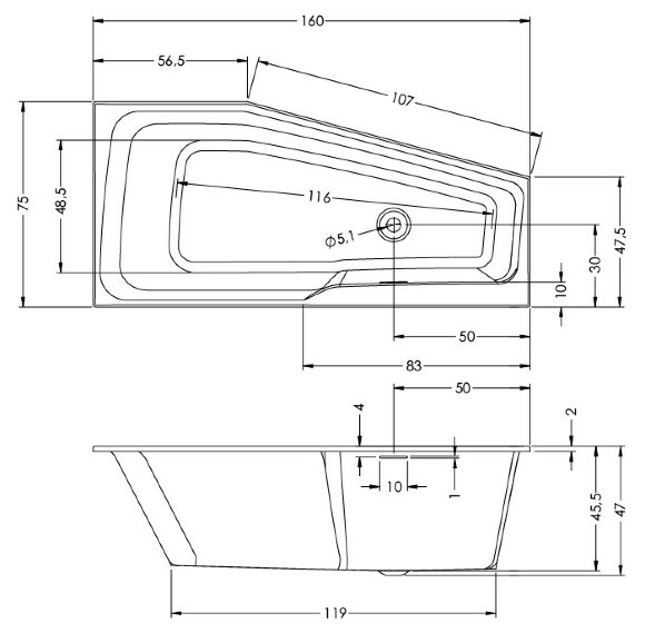 Акриловая ванна RETHING SPACE 160x75 L PULG&PLAY RIHO арт. BD82 (BD8200500000000)