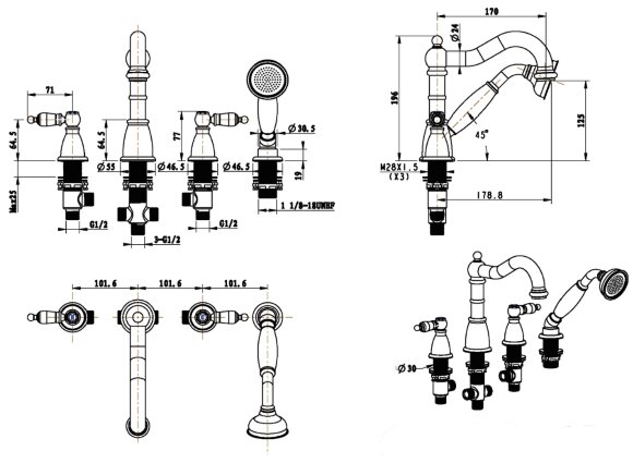 Смеситель на борт ванны Medici 391 Бронза Boheme