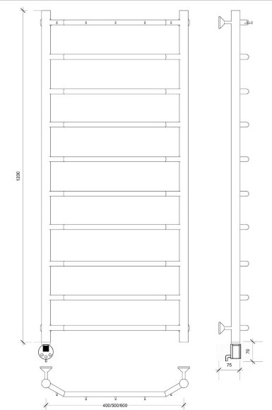 Полотенцесушитель электрический, черный матовый, Secado 120x40, Агата 1 К - 4673739230961