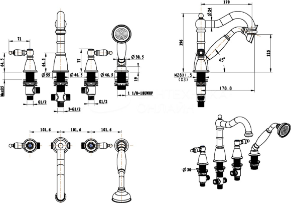 Смеситель на борт ванны Royal Cristal 391-Royal/CRST Бронза Boheme