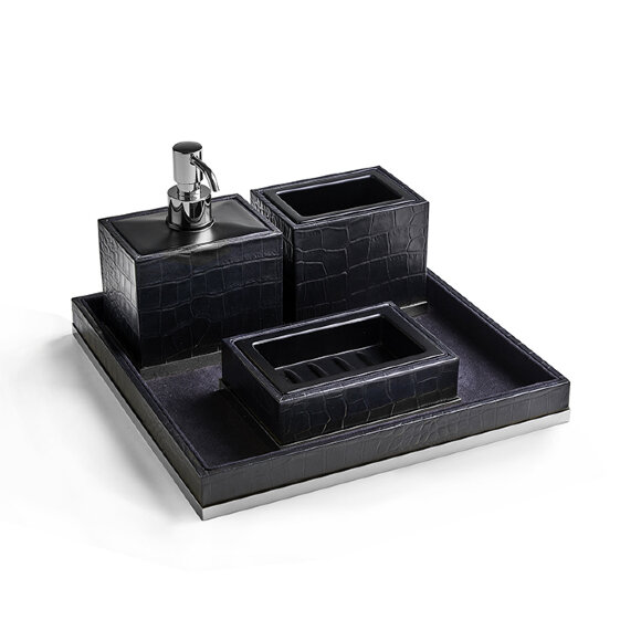 3SC Комплект: стакан, дозатор, мыльница, лоток, отделка: черная кожа,  Cocco цвет: хром арт. CO99ASL