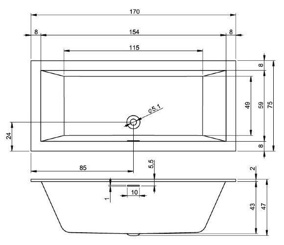 Акриловая ванна RETHING CUBIC 170x75 R PULG&PLAY RIHO FALL RIHO арт. BD89 (BD89C0500000000)
