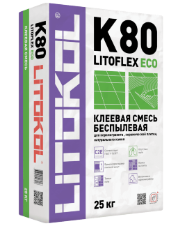 Клей беспылевой, усиленный фиброволокном, для плитки LITOKOL, керамогранита и камня LITOFLEX K80 ECO (класс С2 Е) (25 кг)