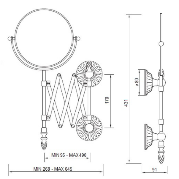 Зеркало оптическое настенное пантограф, H43xL10-49 см., Migliore Versailles, золото арт. 32642