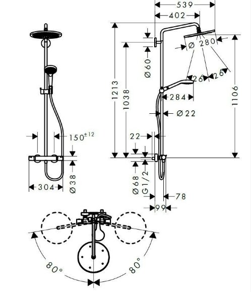 Hansgrohe душевая система с термостатом, Croma Select S, матовая бронза арт. 26890140 Hansgrohe душевая система с термостатом, Croma Select S, матовая бронза арт. 26890140