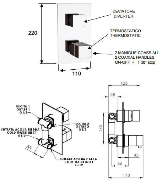 Смеситель для ванны и душа Remer Qubika Thermo QT92 хром Смеситель для ванны и душа Remer Qubika Thermo QT92 хром
