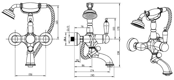 Смеситель для ванны Tradizionale Oro 283 Золото Boheme