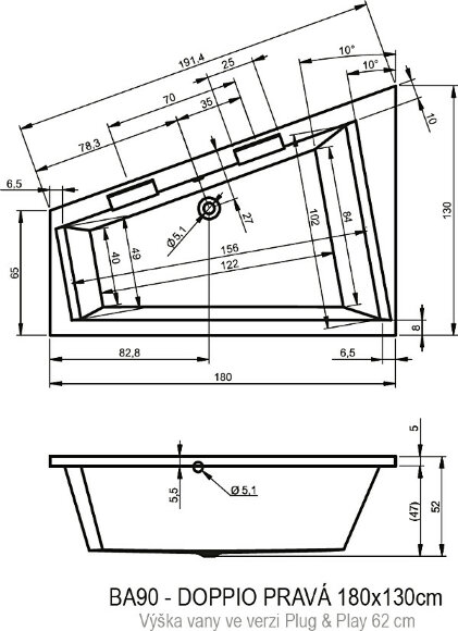 Акриловая ванна DOPPIO 180x130 RIGHT - PLUG & PLAY RIHO арт. BD44 (BD4400500000000)
