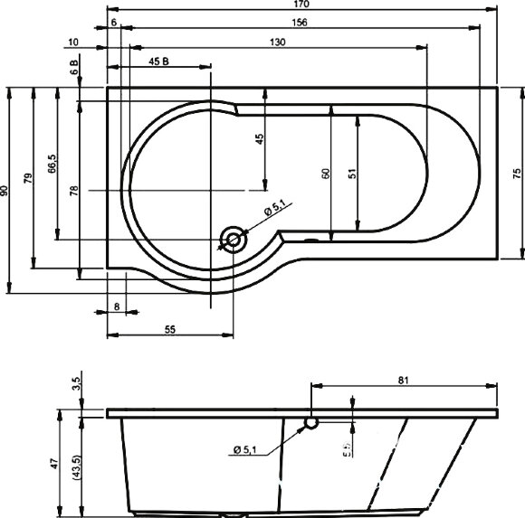 Акриловая ванна DORADO R 170x75 RIHO арт. BA80 (BA8000500000000)