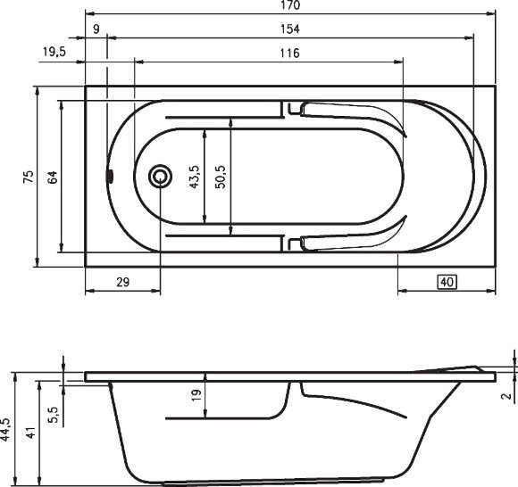 Акриловая ванна FUTURE 170x75 RIHO арт. BC28 (BC2800500000000)