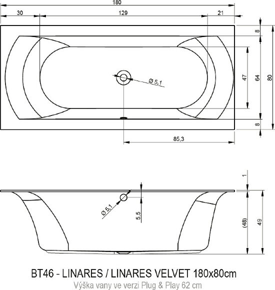 Акриловая ванна LINARES 180x80 LEFT - PLUG & PLAY RIHO арт. BD56 (BD5600500000000)