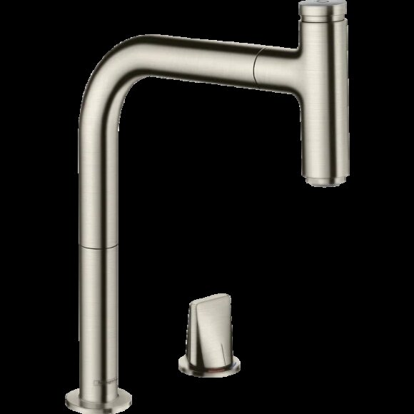 Hansgrohe смеситель для кухни, на 2 отверстия, с вытяжным изливом, Metris Select M71, матовая нержавеющая сталь арт. 73804800