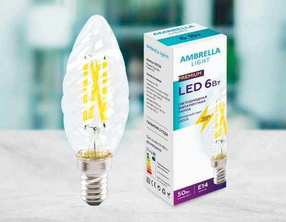 Лампа светодиодная филаментная E14 6W 6400K   202126, Ambrella light цвет: прозрачный