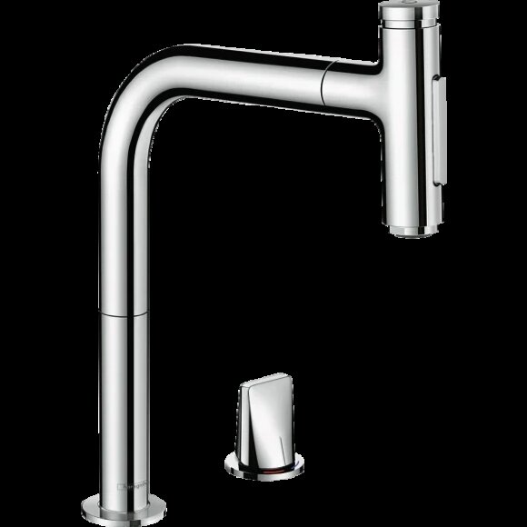Hansgrohe смеситель для кухни, на 2 отверстия, с вытяжным изливом, Metris Select M71, глянцевый хром арт. 73819000