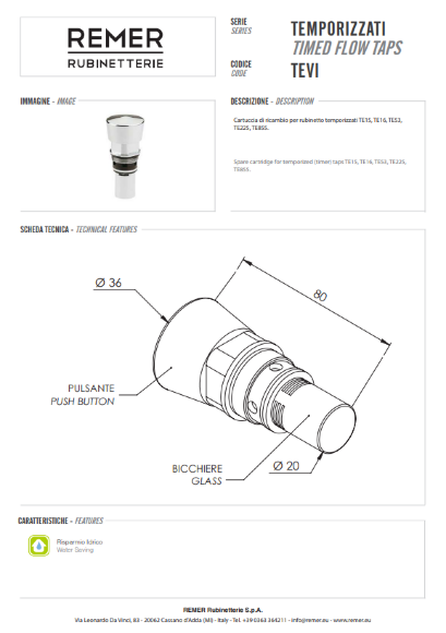 Картридж для кранов с таймером Remer TEVI Картридж для кранов с таймером Remer TEVI