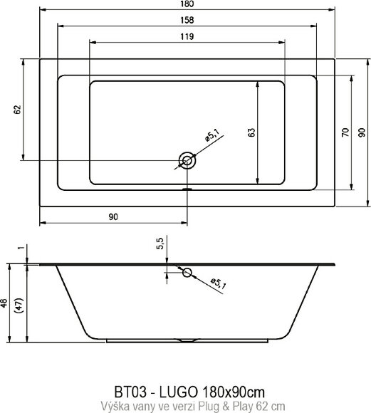 Акриловая ванна LUGO 180x90 LEFT - PLUG & PLAY RIHO арт. BD66 (BD6600500000000)