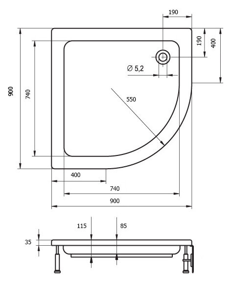 Акриловый душевой поддон Riho 207 90x90 белый 1/4 круга R550 DA2100500000000