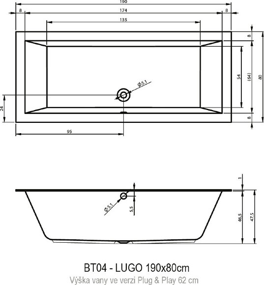 Акриловая ванна LUGO 190x80 RIGHT - PLUG & PLAY RIHO арт. BD67 (BD6700500000000)
