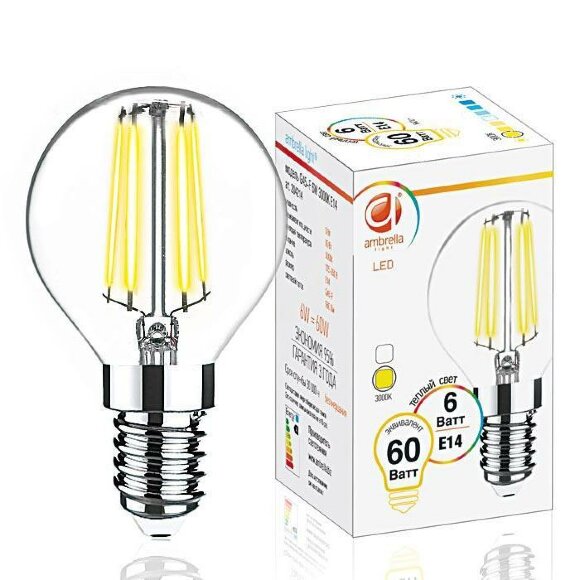 Лампа светодиодная филаментная E14 6W 3000K   204214, Ambrella light цвет: прозрачный