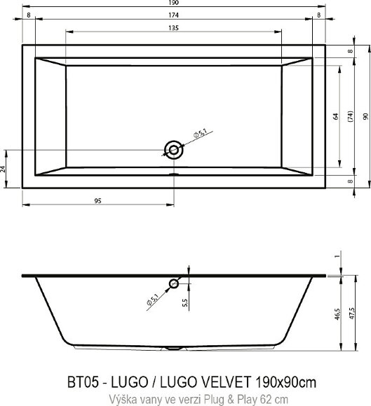 Акриловая ванна LUGO 190x90 LEFT - PLUG & PLAY RIHO арт. BD70 (BD7000500000000)