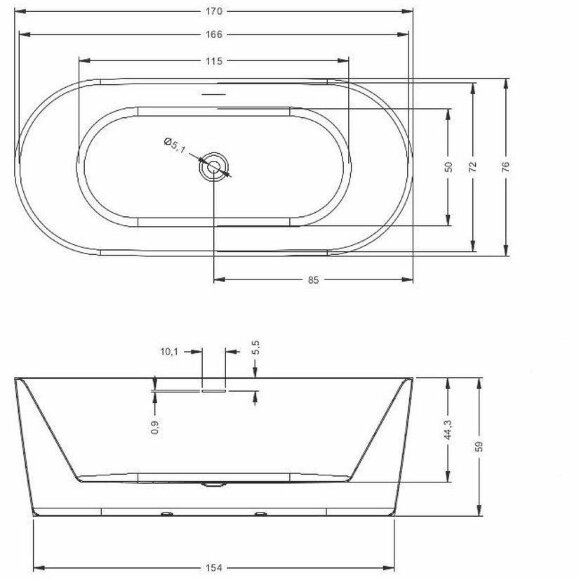 Акриловая ванна MODESTY 170x76 WHITE GLOSSY  RIHO арт. BD09 (BD0900500000000)