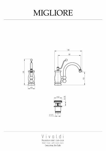 Смеситель для биде моноком., донный клапан "click-clack" с переливом, Migliore Vivaldi, золото арт. 19543 Смеситель для биде моноком., донный клапан "click-clack" с переливом, Migliore Vivaldi, золото арт. 19543