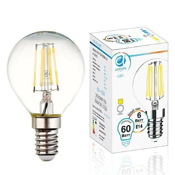 Лампа светодиодная филаментная E14 6W 4200K   204215, Ambrella light цвет: прозрачный