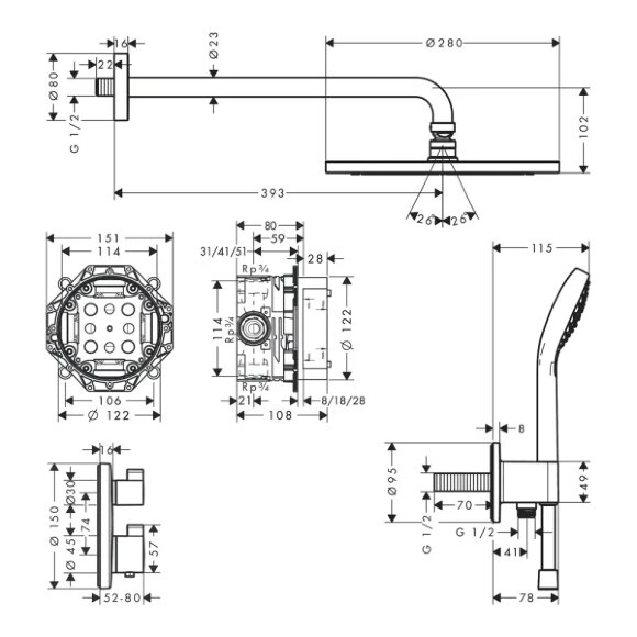 Hansgrohe душевая система скрытого монтажа с термостатом, Croma S, глянцевый хром арт. 27954000 Hansgrohe душевая система скрытого монтажа с термостатом, Croma S, глянцевый хром арт. 27954000