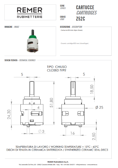 Керамический картридж Remer Z52C Керамический картридж Remer Z52C