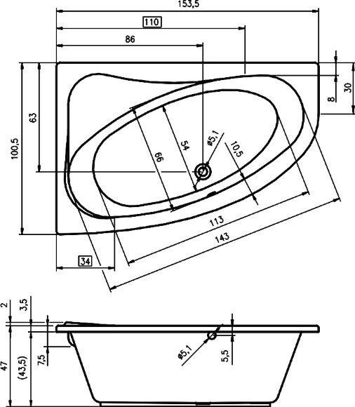 Акриловая ванна LYRA 153x100 R RIHO арт. BA67 (BA6700500000000)