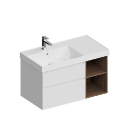 Тумба левая подвесная с ящиками 90см, Kerama Marazzi Cubo, CUB.90.2Lh\WHTM.N цвет: белая матовая-древесная