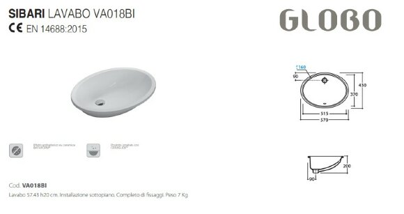 Globo Lavabi d'arr VA018.BI Раковина 57х43х20 см, без отв., с переливом, с комплектом креплений, цвет: белый