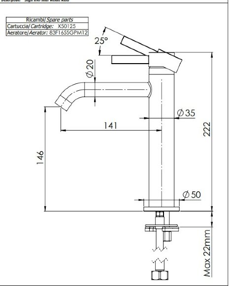 Смеситель для раковины Remer Metrica MC12ANO однорычажный без донного клапана, черный матовый
