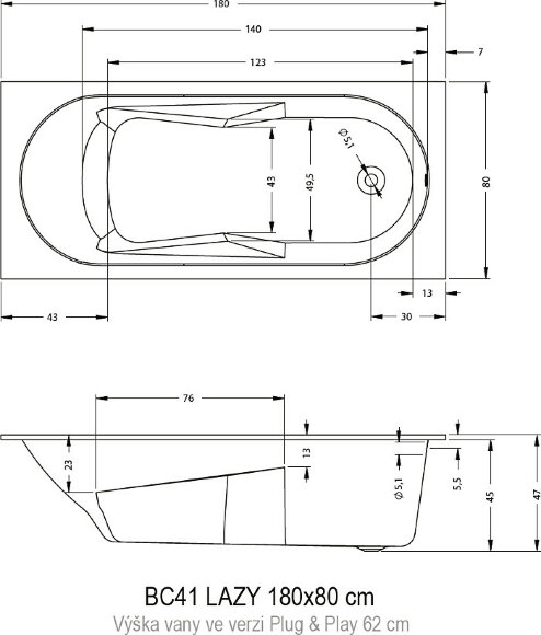 Акриловая ванна LAZY 180x80 RIHO арт. BC41 (BC4100500000000)