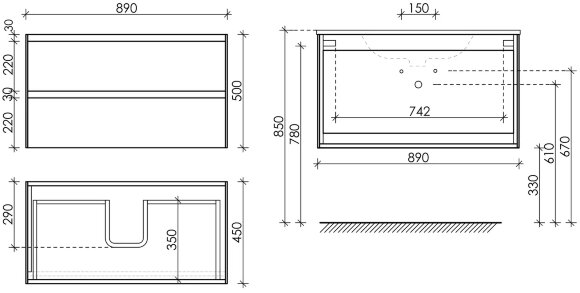 Тумба подвесная SANCOS Cento 890х450х500, c двумя ящиками оснащенными доводчиками, карпатская ель, арт. CN90KE