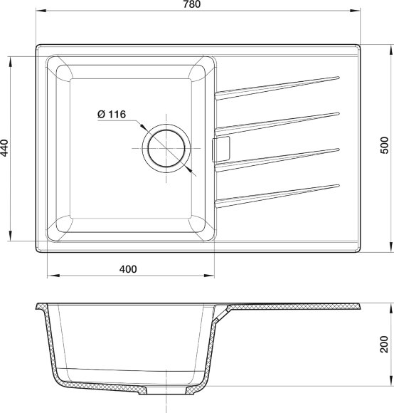 Кухонная мойка Raum 780x500, 1 чаша, Rivelato, RM-78 antracite цвет: черный